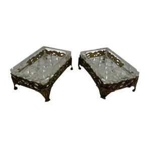 2 Vintage Glass Crystal And Gold Toned Metal Ashtrays Hollywood Regency Style